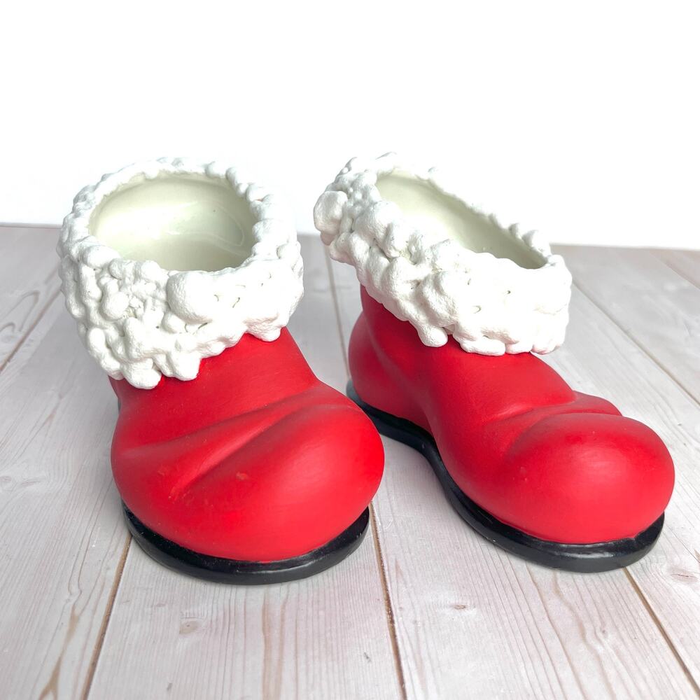 Vintage Pair Ceramic Santa Boots Planter Candle Holder Kitschy Christmas Holiday